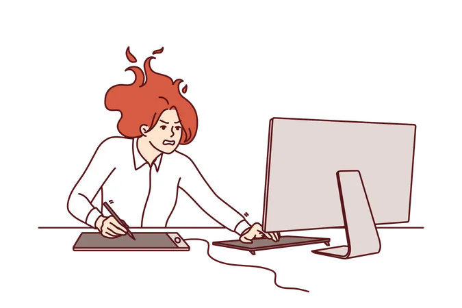 Nervous Woman Freelancer Sitting At Computer Feeling Pressure Due To Tight Deadlines To Complete Project Girl With Shaggy Hair Is Located At Office Desk With Monitor Trying To Meet Deadlines Illustration