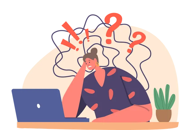 Nervous Woman Sitting At A Desk Hunched Over Her Laptop Constantly Glancing At The Screen With Worried Eyes Tired Overloaded Female Character With Problems Cartoon People Vector Illustration Illustration