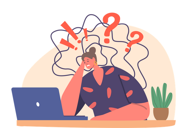 Nervous Woman Sitting At A Desk  Illustration