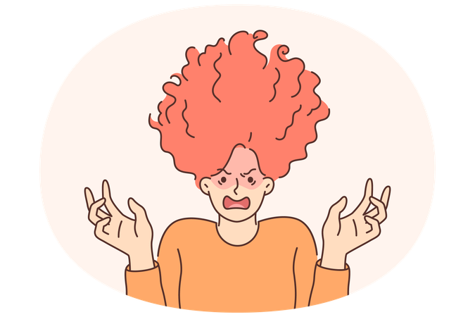 ぼさぼさの髪をした神経質な女性が叫ぶ  イラスト