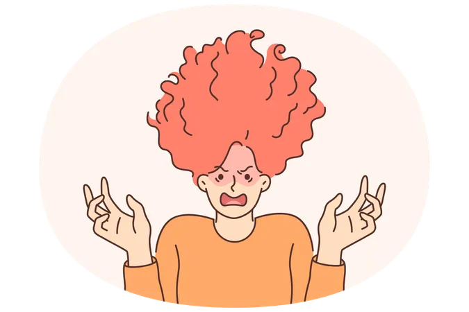 ぼさぼさの髪をした神経質な女性が叫ぶ  イラスト