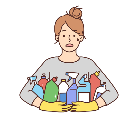 Femme nettoyante tenant des liquides de nettoyage  Illustration