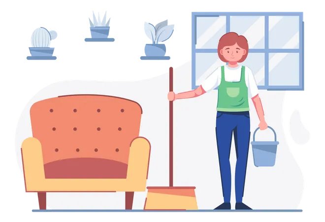 Nettoyeur de maison avec balai  Illustration