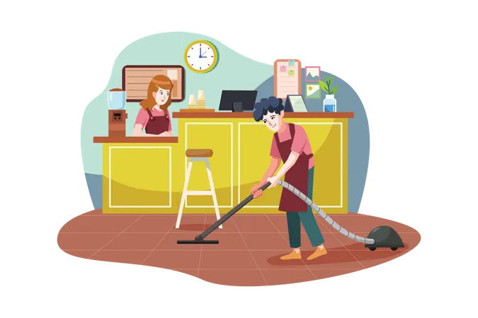 Nettoyant pour sols travaillant dans un café  Illustration
