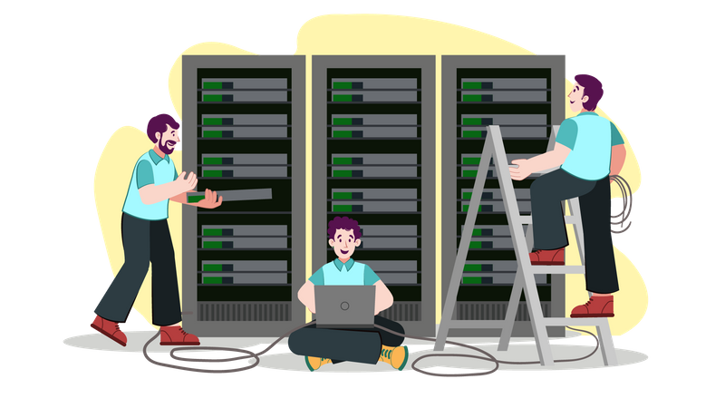 Network Engineers working on database server  Illustration
