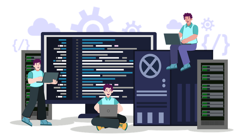 Network Engineers working on laptop  Illustration