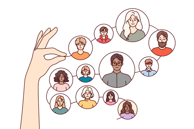 Networking Connections Between Different People In Hands Of Person Formed Community Of Interests Building Chain Of Networking To Find Friends Or Gain Benefits Due To Presence Of Social Contacts Illustration