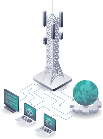 Netzwerkintegration von Computertürmen für Informationstechnologie und Daten  Illustration