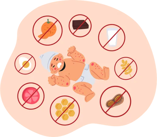 Neugeborenes Kind mit Nahrungsmittelallergie auf Zitrusfrüchte  Illustration