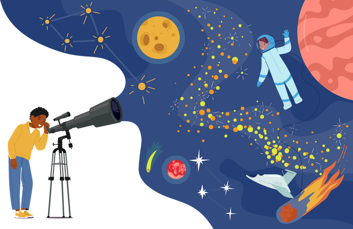 Neugieriger Junge schaut durch Teleskop und erforscht den Weltraum  Illustration