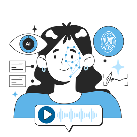 Neural network in identification by face fingerprints voice and signature  Illustration