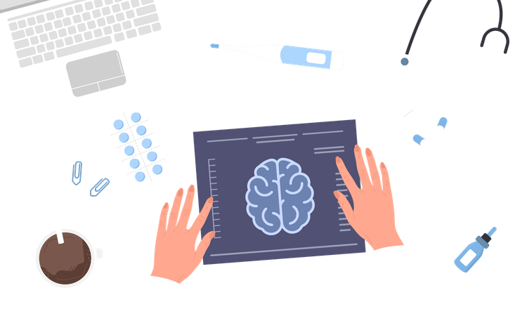 Neurologe untersucht Ergebnisse der Magnetresonanztomographie  Illustration