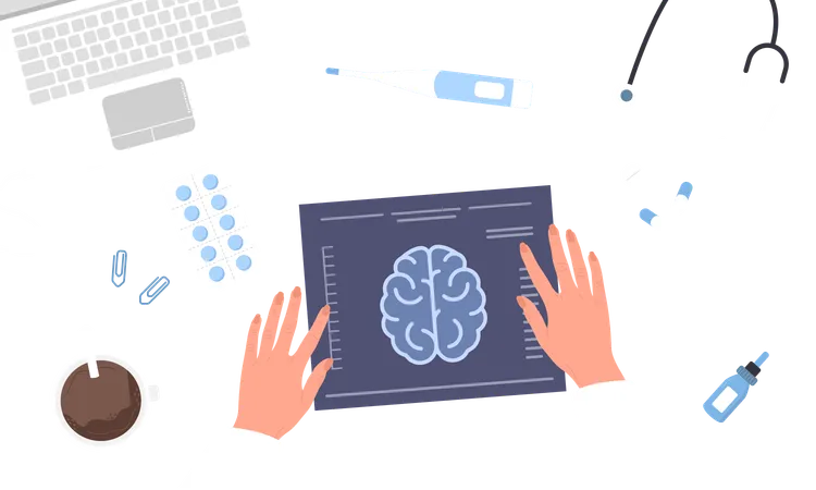 Neurologe untersucht Ergebnisse der Magnetresonanztomographie  Illustration