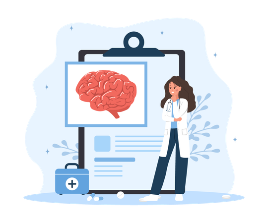 Neurologist. Female doctor examine human brain. Anatomy and biology. Neurology or Neuroscience  Illustration