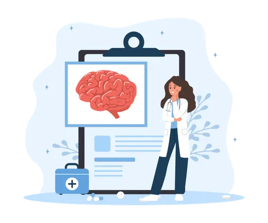 Neurologista. Médica examina cérebro humano. Anatomia e biologia. Neurologia ou Neurociência  Ilustração