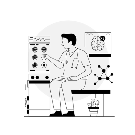 Neurólogo revisando el informe de la resonancia magnética  Ilustración