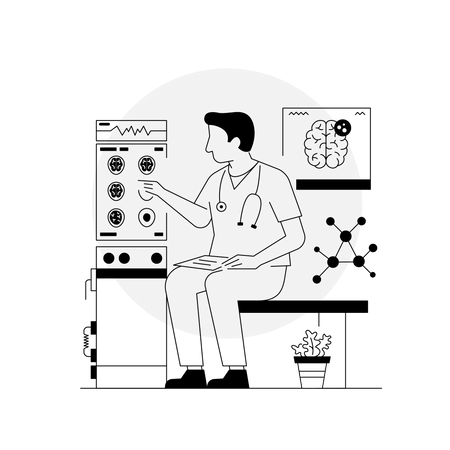 Neurólogo revisando el informe de la resonancia magnética  Ilustración