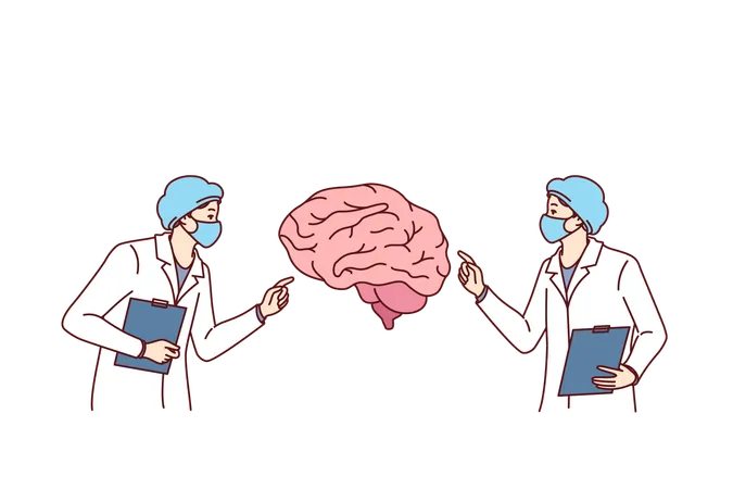 Neurosurgeons Doctors Study Patient Brain And Conduct Analysis In Search Of Way To Treat Alzheimer Disease Neurosurgeons In White Coats Participate In Consultation And Diagnose Sick Illustration