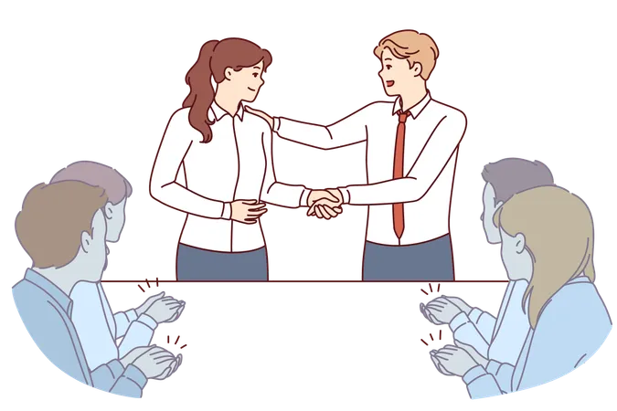 Handshake Of Boss And New Employee Of Company During Business Meeting With Colleagues Man Boss Shakes Hands With Employee Who Has Successfully Completed Complex Project Or Attracted Most Customers Illustration