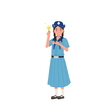 New Idea Concept, Young Thai Girl Scout in Uniform with Light Bulb, Innovation, Brainstorming with Light Bulb  Illustration