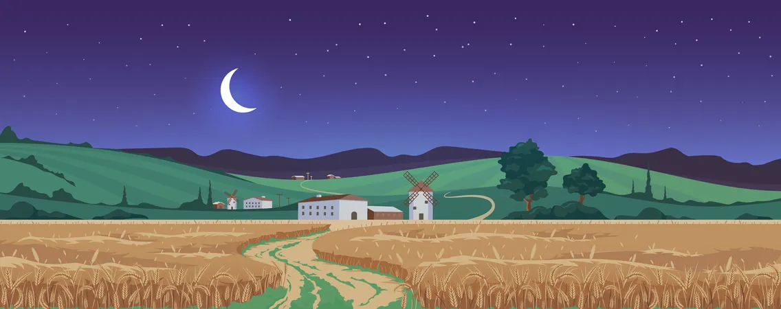 New moon above wheat fields Illustration