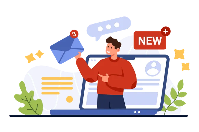 New Email And SMS Notification In Mailbox Mobile App Tiny On Laptop Screen Giving Envelopes With Letters Documents And Unread Message Icons Notice About Mail Delivery Cartoon Vector Illustration Illustration