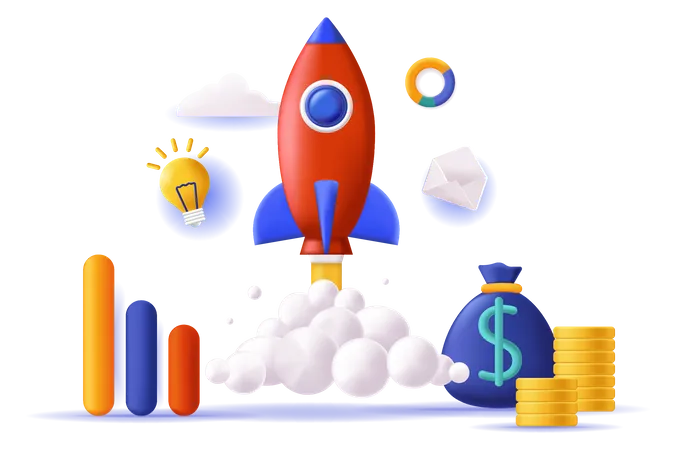 Startup Concept 3 D Illustration Icon Composition With Rocket Launch Money Coins And Graphics Market Analysis Brainstorming Planning And Launch Business Vector Illustration For Modern Web Design Illustration