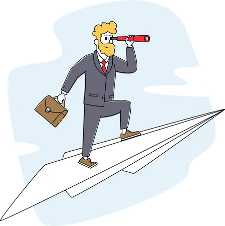 New Successful Project Business Vision Creative Innovation Startup Business Man Character With Briefcase And Spyglass Flying On Paper Airplane Aim Achievement Linear People Vector Illustration Illustration