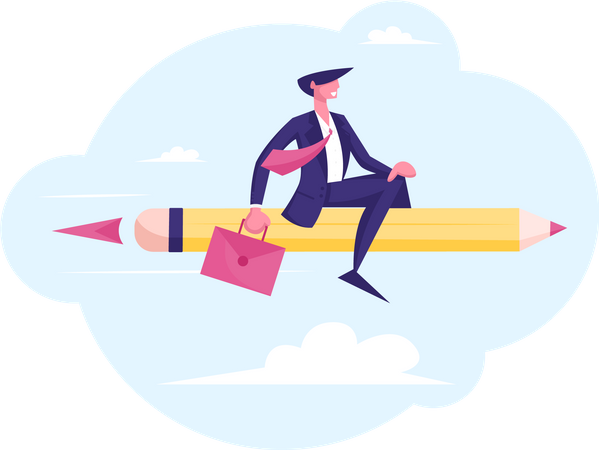 New Successful Project, Creative Business Innovation Startup. Business Man Character with Briefcase in Hand Flying on Huge Pen like on Rocket. Job Aim Achievement. Cartoon Flat Vector Illustration Illustration