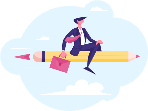 New Successful Project, Creative Business Innovation Startup. Business Man Character with Briefcase in Hand Flying on Huge Pen like on Rocket. Job Aim Achievement. Cartoon Flat Vector Illustration  Illustration