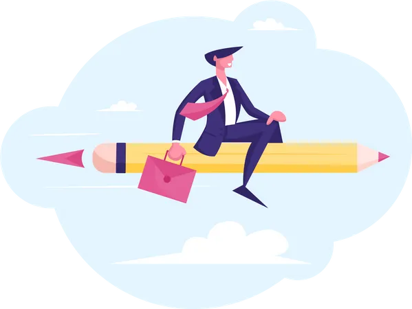 New Successful Project, Creative Business Innovation Startup. Business Man Character with Briefcase in Hand Flying on Huge Pen like on Rocket. Job Aim Achievement. Cartoon Flat Vector Illustration  Illustration