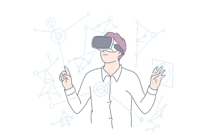 VR AI Business New Technology Concept Young Smart Man Businessman Uses Virtual Reality In Work Modern Perspective Guy Clerk Is Engaged In Project Development Of Digital Devices Flat Vector Illustration