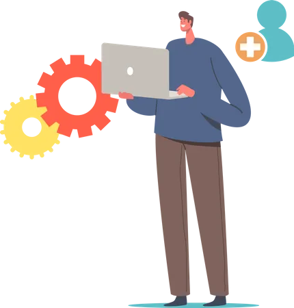 New User Male Character With Laptop In Hands Sign Up On Web Site Or Register In Internet Community And Open Online Registration Create Account Via Digital Device Cartoon People Vector Illustration Illustration