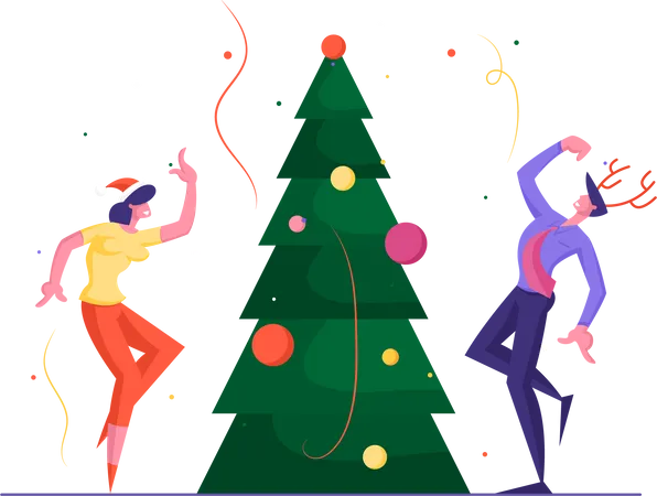 New Year Bash Business People Celebrating Party Male Female Characters Having Fun And Dancing At Decorated Christmas Tree With Garland And Confetti Corporate Event Cartoon Flat Vector Illustration Illustration