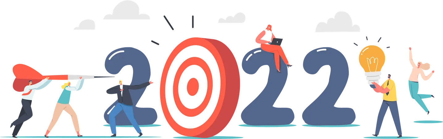 Business Characters Throw Huge Darts Into Target 2022 New Year Goal Achievement Concept Office Workers Career Boost Start Up Project Businesspeople Achieve Goal Cartoon People Vector Illustration Illustration