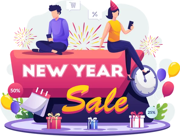 New Year Shopping And Sale Concept Design A Man And A Woman Sitting At The Sale Sign Do Shopping Online Through Their Smartphones Vector Illustration Illustration