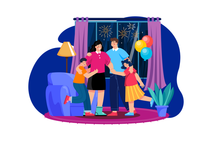 New Year With Family Illustration