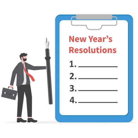 New Years Resolutions Set Goal Or Business Target For New Year Or Beginning With Work Challenge Concept Smart Businessman Holding Big Pen Thinking About New Years Resolution On Notepad Paper イラスト