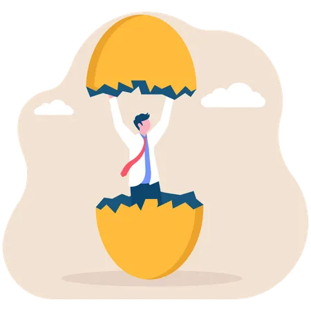 Newbie businessman comes out of a hatched egg  Illustration