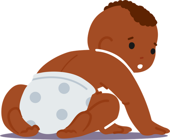 Newborn African Baby Wear Diaper Sitting on Floor Rear View Isolated on White Background. Cute Innocent Black Child  Illustration