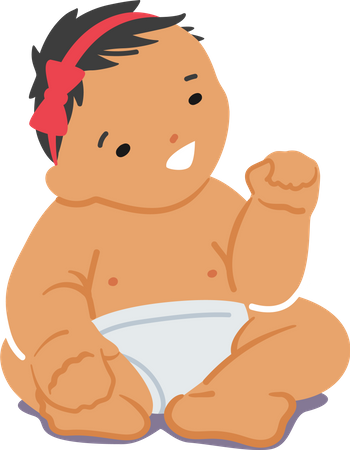 Newborn Asian Baby Girl Wear Diaper and Red Bow on Head  Illustration