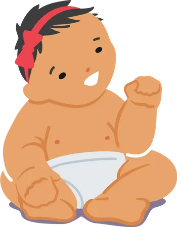 Newborn Asian Baby Girl Wear Diaper and Red Bow on Head  Illustration