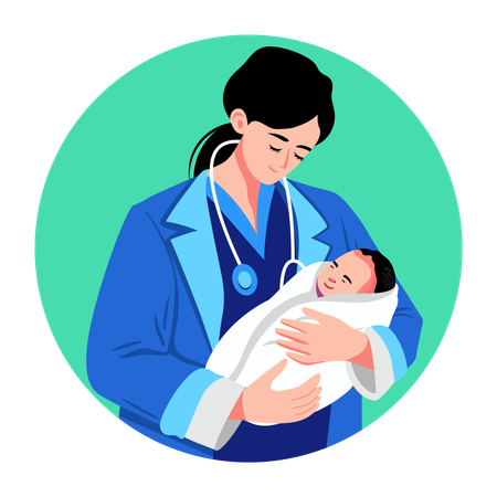Newborn baby examined by doctor  Illustration