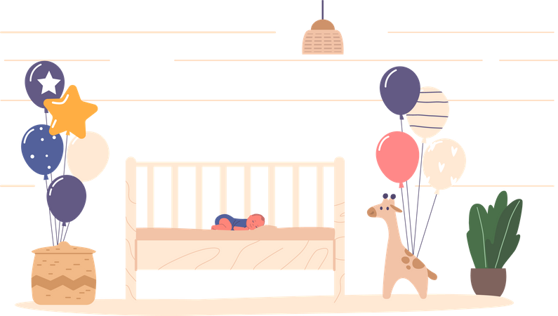 Newborn baby sleeps soundly in a cozy cradle  Illustration