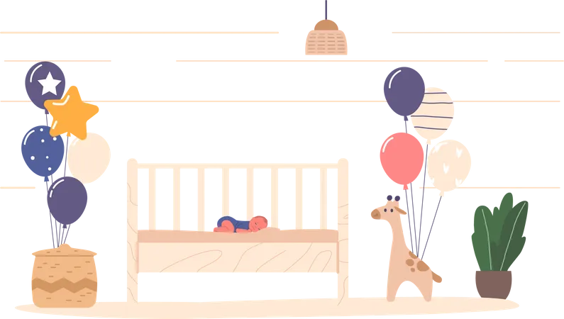 Peaceful Precious Newborn Baby Sleeps Soundly In A Cozy Cradle In Room Decorated With Balloons And Toys Child Bringing Joy And Tender Moments To The Family Cartoon People Vector Illustration Illustration