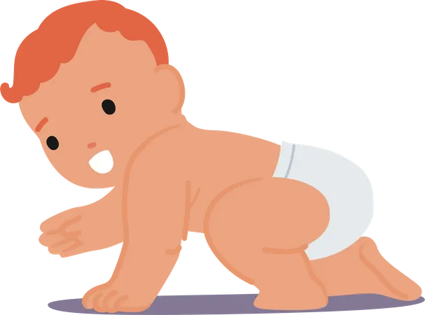 Newborn Redheaded Baby Crawling Isolated On White Background Cute Innocent Infant Character Wear Diaper Playing And Learning To Crawl Healthy Adorable Child Cartoon People Vector Illustration Illustration