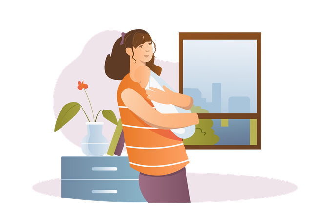 Newborns concept with people scene in the flat cartoon style. Mother takes care of the newborn.  Illustration