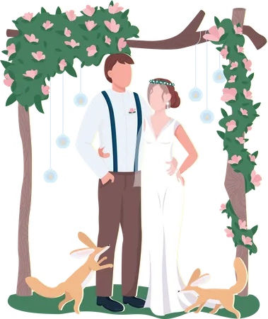 Newly Married Couple Flat Color Vector Faceless Characters Rustic Floral Decoration Broom And Bride Flower Gate Wedding Ceremony Isolated Cartoon Illustration For Web Graphic Design And Animation Illustration