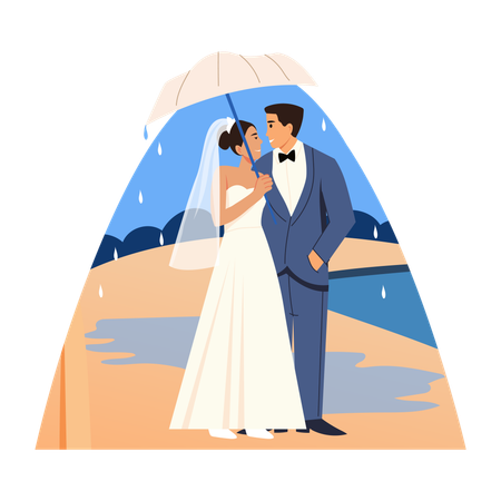 Newly Married Couple doing Umbrella romance  Illustration