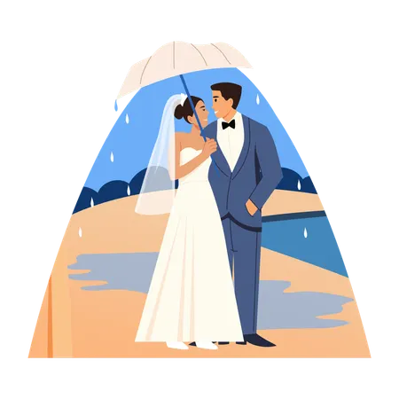 Newly Married Couple doing Umbrella romance  Illustration